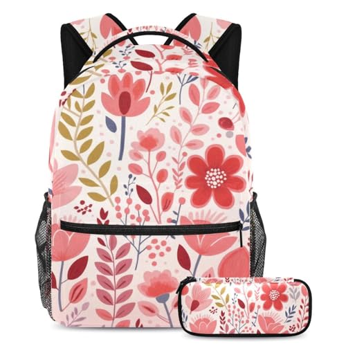 Sac à dos avec trousse motif floral rose pour le collège et les sorties de week-end