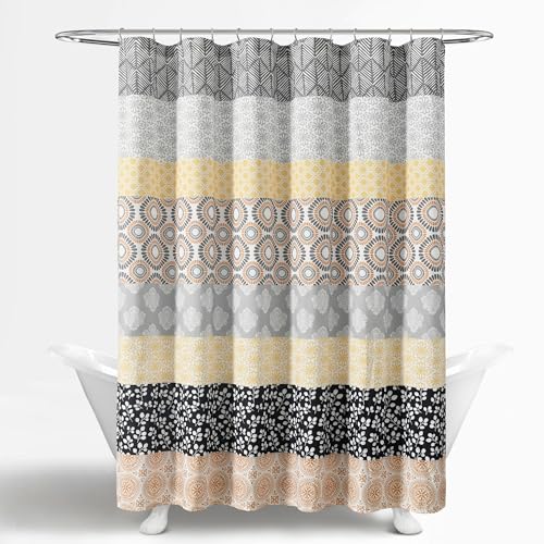 Image of Lush Decor Bohemian Stripe Shower Curtain, 72 inch W x 72 inch L, Yellow & Gray - Bathroom Curtain - Striped Shower Curtain - Boho Decor - Fabric Shower Curtains (Pack of 6)