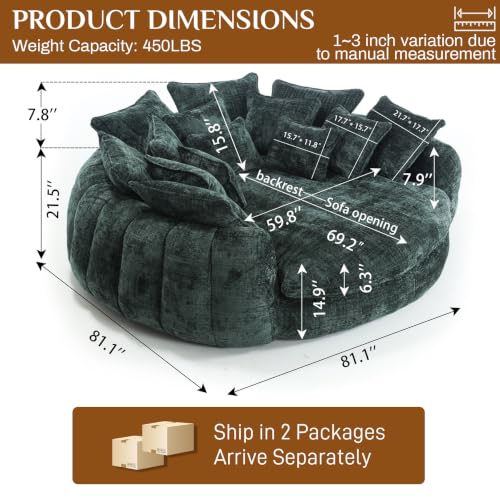 Image of 81 inch Round Sofa Bed Big Bean Bag Round Chaise Lounge Oversized Round Couch Boneless Reading Chair Plush Fluffy Chenille Large Chaise Chair for Living Room, Bedroom, Apartment, Olive Green