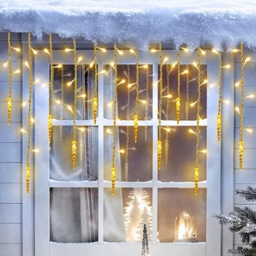 iBaycon LED Icicle Lights, 400 LED 12M/39.4Ft 8 Modes with 80 Drops Warm White Icicle Christmas Lights, Waterproof Connectable Outdoor Icicle String Lights for Holiday, Christmas, Wedding, Balcony