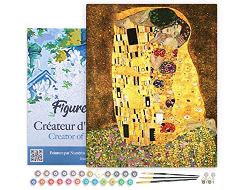 Figured'Art Peinture par Numéro Adulte avec Cadre Le baiser Klimt - Activité Manuelle Kit de Loisir Créatif DIY Numéro d'Art Complet - 40x50cm toile tendue sur châssis