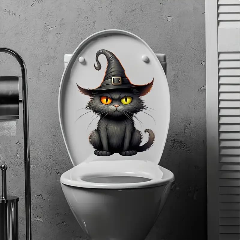 Happy Halloween Scary Little Black Cat Toilet Cover Sticker Decals,Fish Bird Flower Leaf Waterproof Toilet Lid Tank Seat Decals Cistern Self-Adhesive