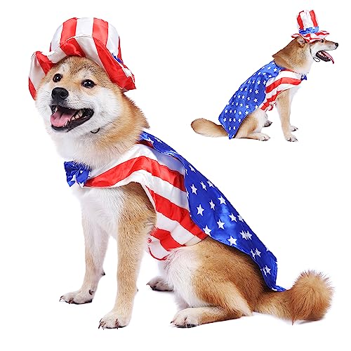 Yoption Dog Cat 4th of July Costumes, American Flag Patriotic Independence Day Pet Clothes Apparel with Hat (L)
