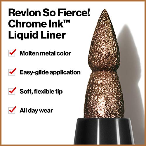 Revlon So Fierce! Chrome Ink Liquid Eyeliner, Longlasting Bold Metallic Pen Liner With Dip Ink Cap For Pearl, Shimmer Blend, 902 Bronzage, 0.03 Oz. #TOP1