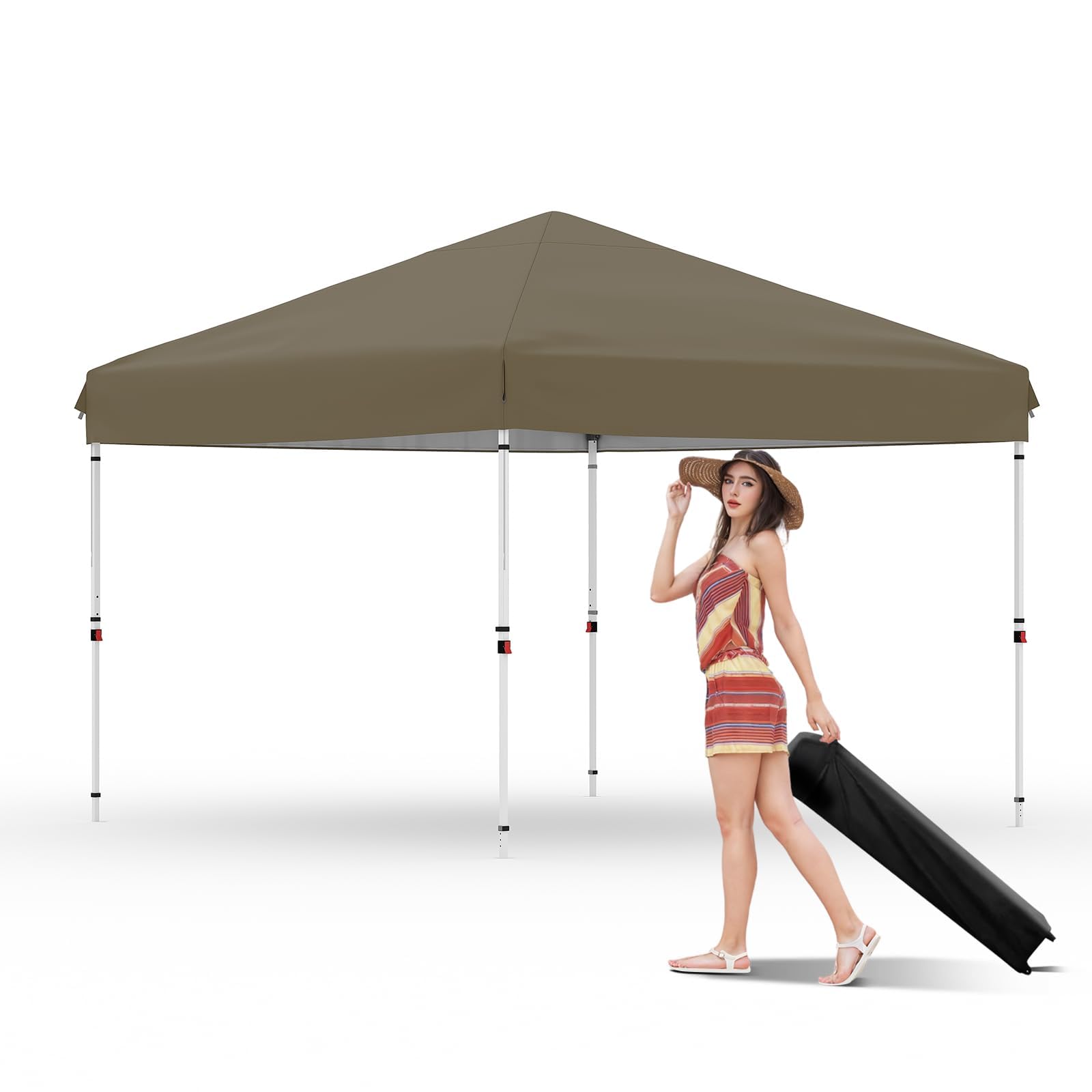 GarveeLife 10x10 Pop Up Canopy with One Button Push Setup - Heavy Duty Outdoor Canopy Tent with Portable Roller Bag - 3 Adjustable Height, 4 Weight Bags, 8 Stakes & 4 Guy Ropes Included, Brown