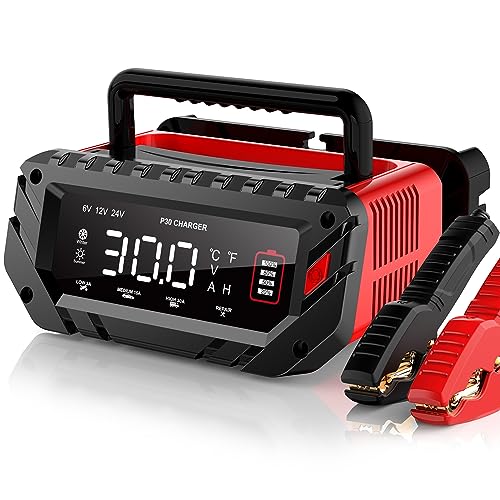 30 AMP Car Battery Charger, 6V/12V/24V Lead-Acid, Lithium, LiFePo4 Smart Battery Charger, Large Screen Trickle Charger, Fully Automatic Chargers and Maintainer for Car, Motorcycle, Lawn Mower