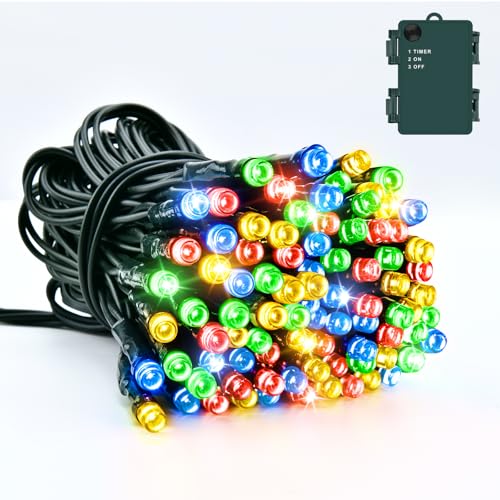 Dalugo Guirlande lumineuse à piles, 5 m, 50 LED, multicolore, câble vert, avec minuterie de 6 h, étanche IP65, minuterie pour l'intérieur et l'extérieur, décorations de Noël