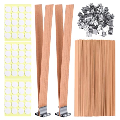 Aubeco Candle Wick for Candle Making Wooden 120Pcs 5.0X 0.5 Inch 60Pcs Iron Stand 60Pcs Candle Wick Stickers