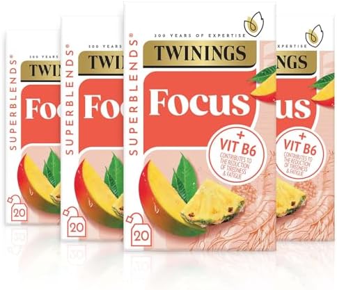 Twinings Superblends Focus Tea - Mango & Pineapple Herbal Tea Infusion with Ginseng & Vitamin B6 - Caffeine Free Energy Boost, 80 x Biodegradable Tea Bags