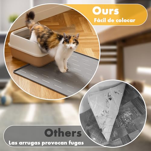 Pieviev Alfombra Gatos Arenero Silicona, 86 x 56 cm Alfombrilla Arenero, Tapete Areia Gatos Grande, Impermeable y Antideslizante Cat Litter Mat, Gris Claro - imagen 3