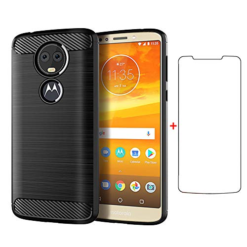 Phone Case for Moto E5 Plus E 5 Supra with Tempered Glass Screen Protector Cover Cell Accessories Slim Thin TPU Silicone Rubber Motorola E5+ MotoE5plus 5E 5th Generation E5plus Cases Women Men Black