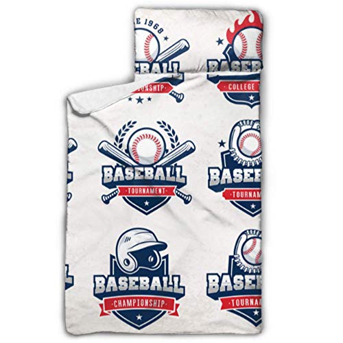 WUTMVING Baseball Typography Emblems Sports Logos Nap Mats for Preschool Girls Nap Mat for Girls with Blanket and Pillow Rollup Design Great for Preschool Daycare Sleepovers 50