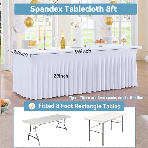Image of 2 pk White Spandex Table Cloth Rectangle 8ft with Ruffle Skirt,Wrinkle Free High-Stretch Fitted Tablecloths for 8 Foot Rectangle Tables,Elastic Spandex Table Covers 8 ft for Parties Weddings Banquet