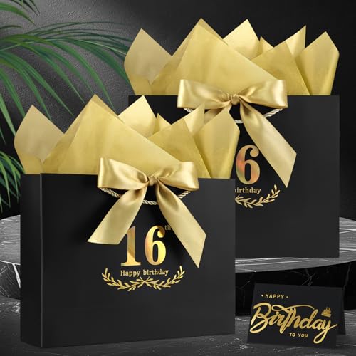 Image of JMANNI Black Gold 16th Birthday Gift Bag with Card and Tissue Paper, 12.6 inchx9.84 inchx3.9 inch Elegant Present Bag for Teens, 16 Year Old Birthday Keepsake Party Supplies