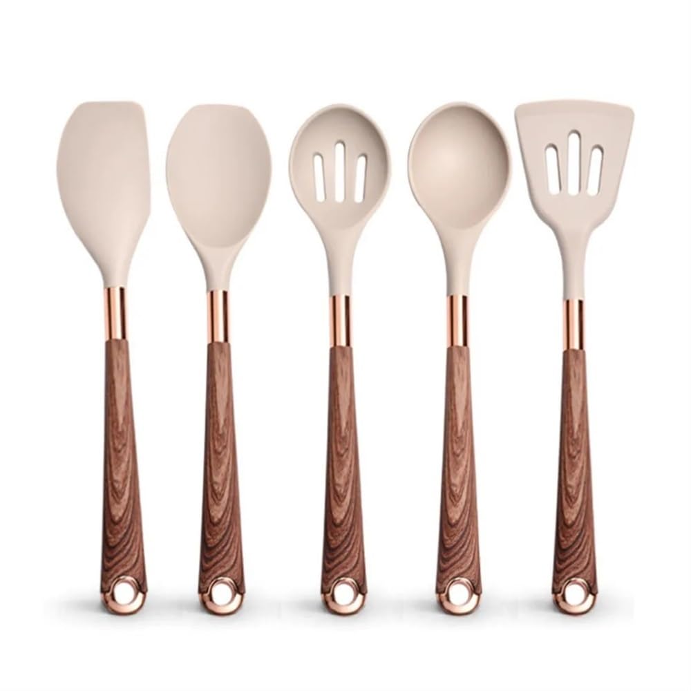 Set di utensili da cucina in silicone resistenti al calore Spatola da cucina cucchiaio strumento antiaderente regalo con manico e supporto placcati in oro rosa (beige-05)