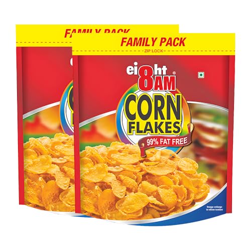 Image of 8AM Cornflakes Family Pack 1 Kg (Pack Of 2), 92% Corn, 99% Fat Free, No Cholesterol, Trans Fat, Vitamin B3 & Iron, Crunchy & Nutritious Whole Grain Breakfast Cereal