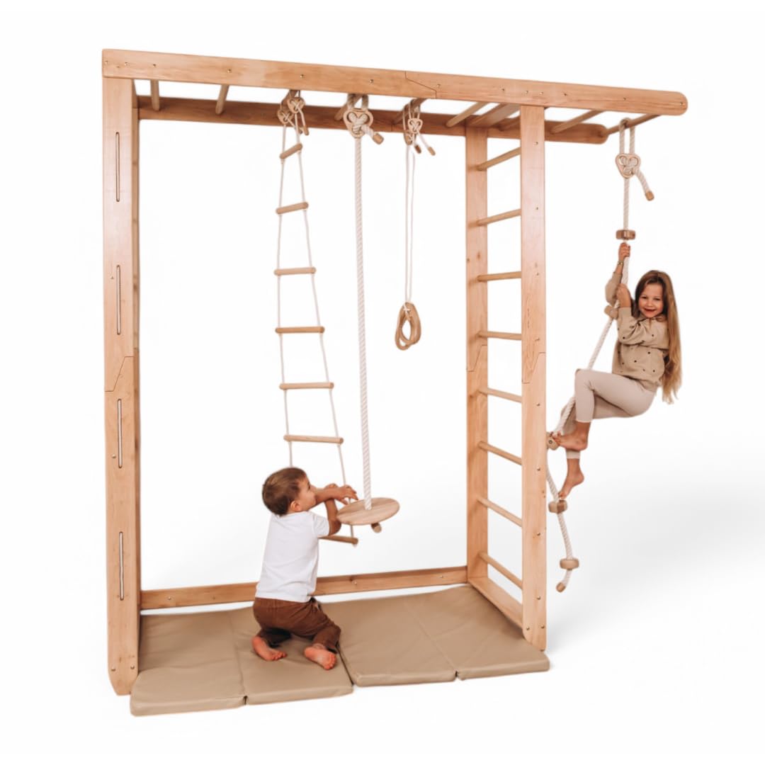 Woodandhearts Swedish Ladder Indoor Kids Gym, Montessori Play Gym Climbing Set, Wooden Indoor Playground for Toddlers with Accessories (Without Wall Panels, Big Bridge)