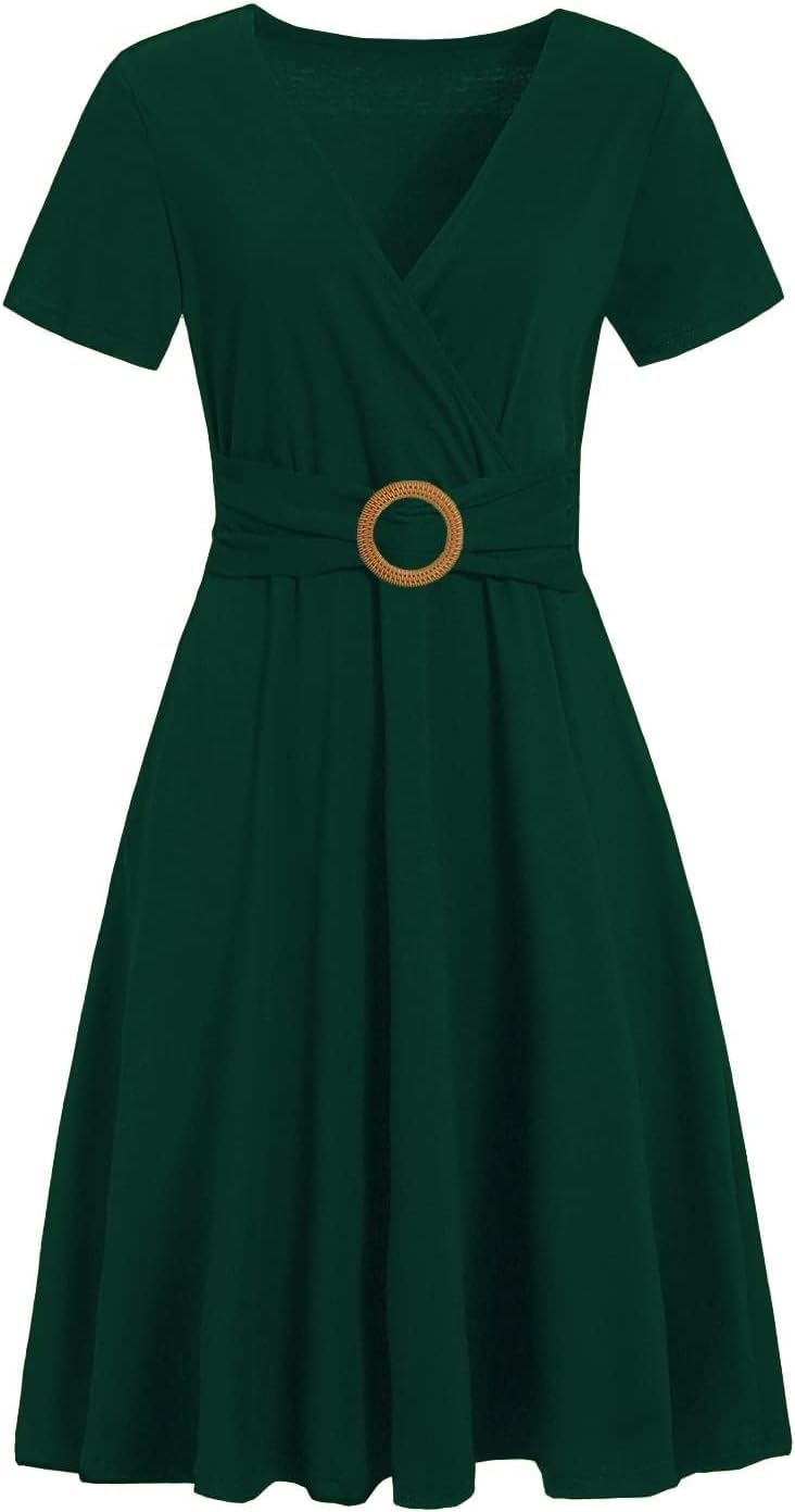 Summer Dresses for Women 2026 Elegant V Neck Short Sleeve Casual Cross Knee Length Dress Tea Party with Pockets D980 - Image 2