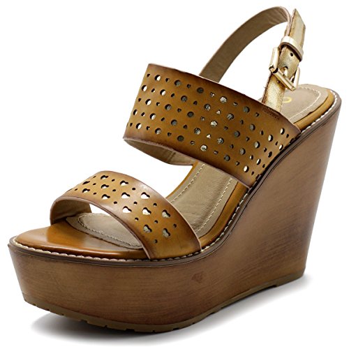 Ollio Womens Shoe Metallic Cutout Burnished Wedge Heel Sandal FT05(10 B(M) US, Camel)