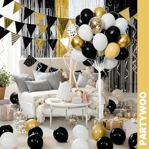 Image of PartyWoo Black and Gold Balloons 65pcs 12 Inch Matte Black White Metallic Chrome Gold Confetti Balloons for Graduation Baby Shower Birthday New Year's Eve Anniversary Bachelorette Party Decorations