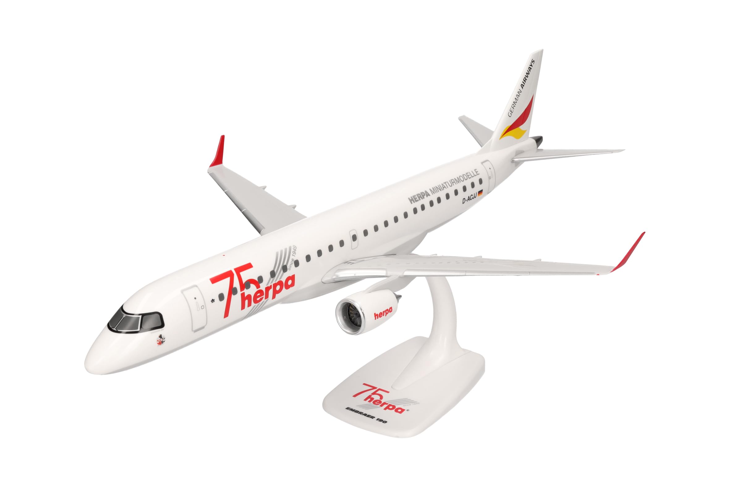 herpa Snap-Fit German Airways Embraer E190 E190 75 Years Miniature 1:100 Scale Collectible Model with Base Plastic