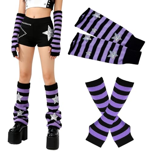 Fubotun 1 Pair Star Leg Warmers Y2K 1 Pair Stripe Arm Warmers Y2k Knit Legwarmers Long Fingerless gloves for Women with Thumb Hole (Black-Purple)