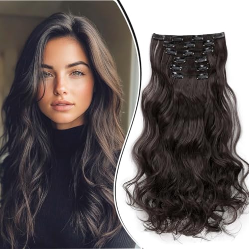 Dcbaboo Clip in Extensions Haarverlängerung Gewellte Dunkelbraun Clip in Haarteil Wellige 6PCS 55cm Synthetik Haarverlängerungen mit Clips Gelockt Locken Lang Hair Extensions für Frauen