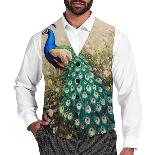 Beautiful Peacock Suit Vest for Men Waistcoat Dressy V Neck Button Down Sleeveless Business Jacket Coat