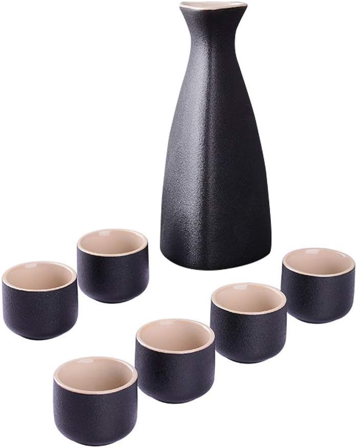Sake Set Of Cup Set,Ceramic Cups, Crafts Wine Glasses,Sake Set, Japanese Traditional Ceramics Black Sake Serving Sets 7 Pcs, Pottery Sake Bottle And 6 Cups, Ideal for Japanese Sake,Black,Triangle