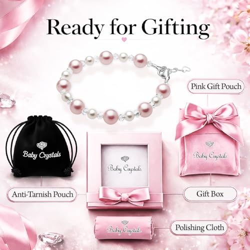 Image of Baby Crystals Sterling Silver Pink Pearl Bracelet for Baby Girls I Newborn, Infant Baby Girl Gifts, Toddler, Teen, Mommy I Birthday Gift I Children's Jewelry I Womens Bracelets for Girls