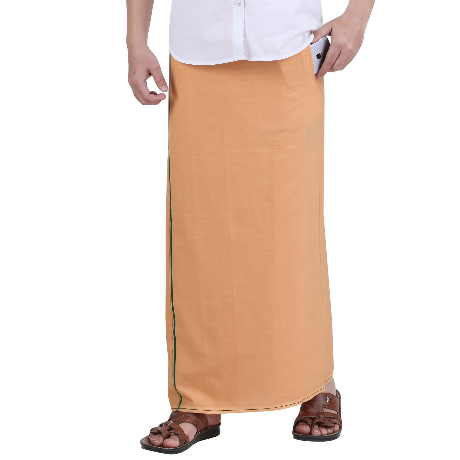 Prakasam Cotton Mens Light Kaavi Colour Welcro Pocket Single Dhoti (Roja-Light Kaavi) Size -Small (Hip Size 26 To 32)