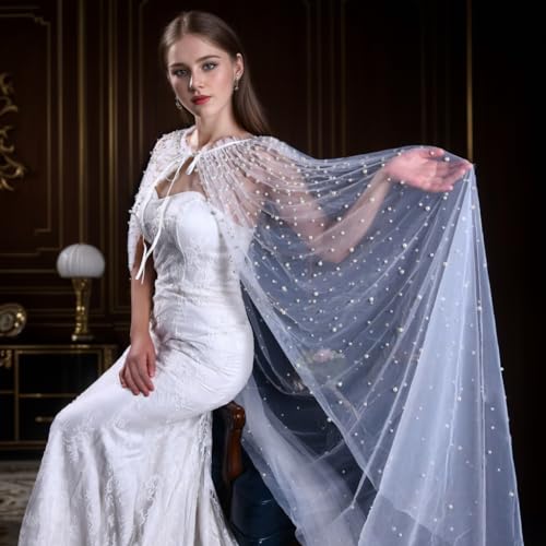 Wedding Women's Pearl Embroidered Shrug Shawl Wrap Bolero Tulle Wedding Jacket for Bride2