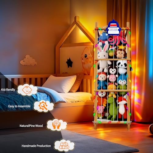 Image of Stuffed Animal Storage & Toy Organizer 3 Layers 54 in Wooden Toy Holder | Large Natural Pine Plushies with Elastic Bands & Mesh Net Space aving Design for Toddler Rooms, Playrooms & Bedrooms