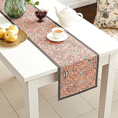 Image of Heart Home Velvet 13x72 Inch Table Runner for Home Decor | 6 Seater Dining Table Place Mat Elegant Soft Feel /Machine Washable | Pyramid 1237 - Peach & Green
