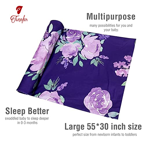 Image of Newborn Receiving Blanket Headband Set Purple Flower Stretchy Baby Girl Swaddle Blanket Large Infant Sleeping Wrap Blankets