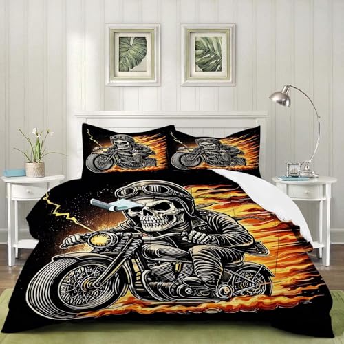 Image of Black Skull Comforter Set King: 1 Comforter 2 Pillowcases, Vintage Motorcycle Skeleton Bedding Set for Boys Adults Men, Halloween Gothic Quilt Bedroom Decor