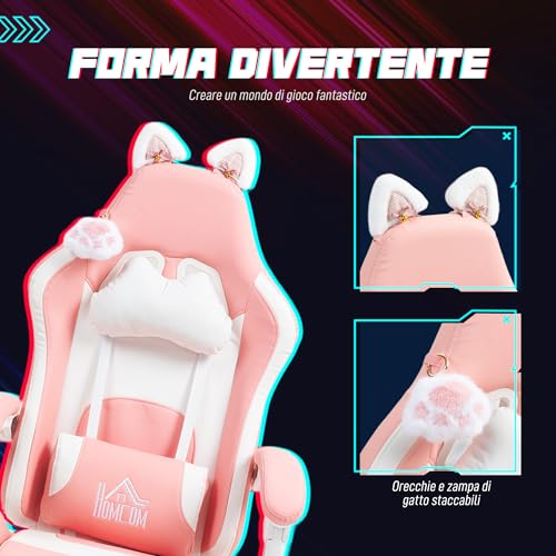 Sedia Gaming Ergonomica con Orecchie da Gatto, Poltrona Gaming Ufficio Reclinabile in Finta Pelle con Poggiapiedi, Poggiatesta e Altezza Regolabile, Supporto Lombare e Cervicale, Rosa - Sedia gaming - Immagine 3