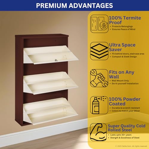 Image of DELITE KOM 24 inch Wide, 6 Shelf Metal Shoe Rack Wall Mounted for Home with Central Lock Holds Upto 18 Shoes or 30 Slippers Pair | Double Decker, 1 Yr Warranty, (41x24x8, Coffee Ivory), DIY, Space Saver