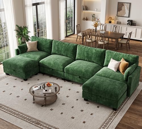 Image of Modular Sectional Sofa, 132 inch U Shaped Couch with Storage | High Resilience Foam, 22 inch Seat Depth, Movable Ottoman, Comfy Chenille, Easy Assembly, Green