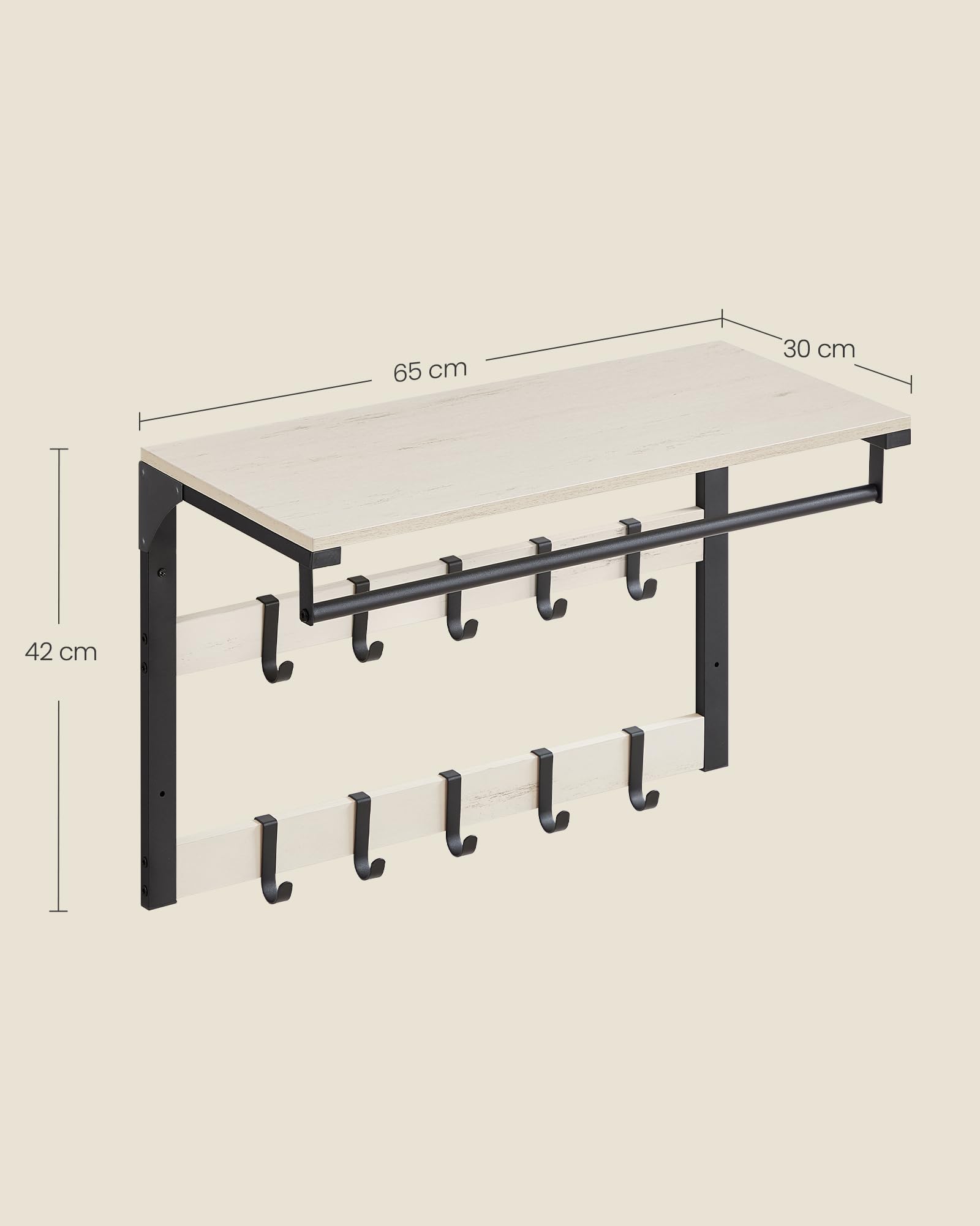 VASAGLE LCR101W03 Porte-manteau mural avec 10 crochets amovibles, porte-manteau avec étagère, pour entrée, chambre à coucher, salle de bain, blanc rustique et noir d'encre