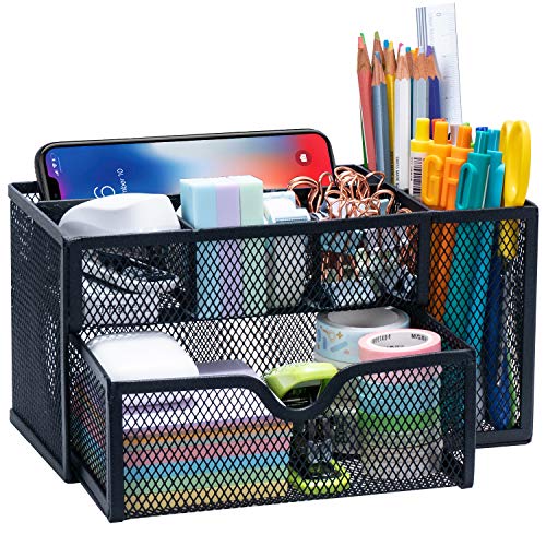 ARCOBIS Black Mesh Desk Organizer Office Supplies Multi-Functional Desktop Pen Holder Organizer with 6 Compartments and 1 Large Storage Drawer for Office, Home, School, Classroom