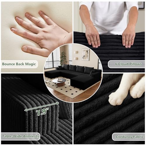 Image of 142 inch Cloud Sectional Boneless Couches for Living Room, Modular U Shaped Couch with 2 Chaise, Modern Comfy Deep Seat Corduroy Memory Foam Compressed Sofa for Apartment, Black