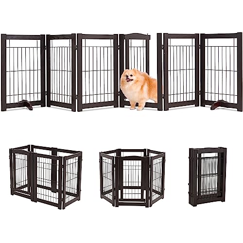 Simflag Freestanding Dog Gates With Door For The House 6 Panels Extra Wide Dog Gates For Doorways, Wooden Wire Dog Fences Indoor With 2 Support Feet, 122" W X 30" H Pet Gates For Dogs, Espresso #TOP7