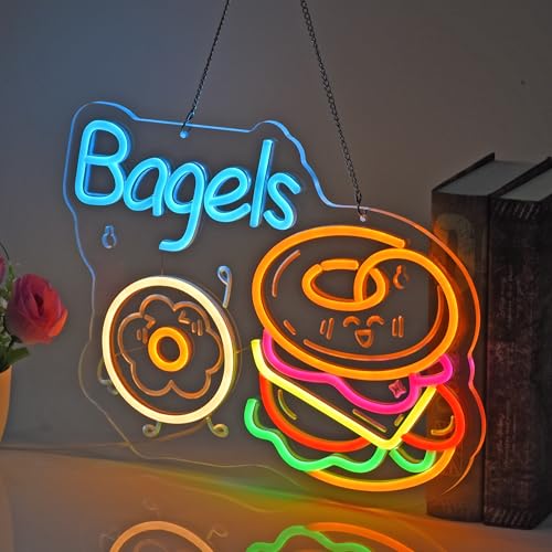Image of Bagels Neon Sign, Neon Lights Hanging Wall Art Decoration for Store Retail Shop Market Mall Grocery Bakeries Cafe Celebration Home Decor, USB Powered Ultra Bright Dimmable, 15.75*12.2 inches