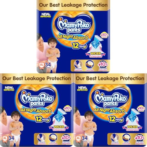 Image of MamyPoko New Pants All Night Absorb|Pant Style Baby Diapers X- Large Size(XL), 34 Count, Ideal for 12-17Kgs|1 Diaper: Upto All Night Absorption now with 10% increased power|Wider Crisscross Sheet