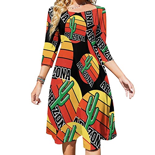 Arizona Cactus Sunset Women's Backless Flared Dress 3/4 Sleeve Bow Dress High Waist Swing Sundress 3XL