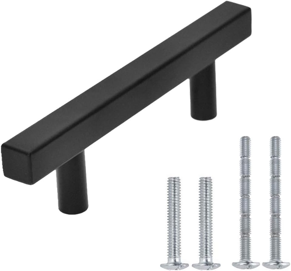 Cabinet Handles - Pack of 15 Black Square T Bar Kitchen Cabinet Handles Drawer Pulls for Kitchen Furniture Hardware (Overall Length: 5", Hole Center: 3")