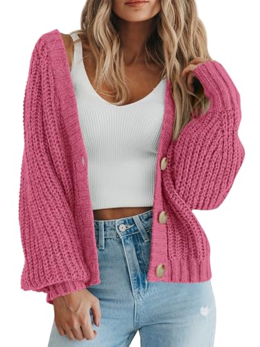 PRETTYGARDEN Womens Open Front Long Sleeve Button Chunky Knit Cardigan Sweater (Grey Pink, Medium)