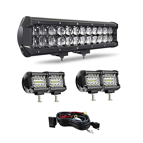 DOT 12Inch 72W 5D Led Light Bar+4X 4Inch 60W Led Cube Pods W/Wiring Kit for Wrangler F150 Kubota Dodge Pioneer ATV SUV UTV Can Am Kawasaki Dodge Truck