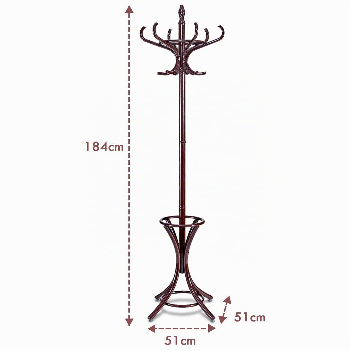 COSTWAY 184cm Garderobenständer mit Schirmhalter, Jackenständer mit 12 Kleiderhaken, Kleiderständer aus Holz, Garderobe Standgarderobe für Flur, Wohnzimmer und Schlafzimmer (Braun)